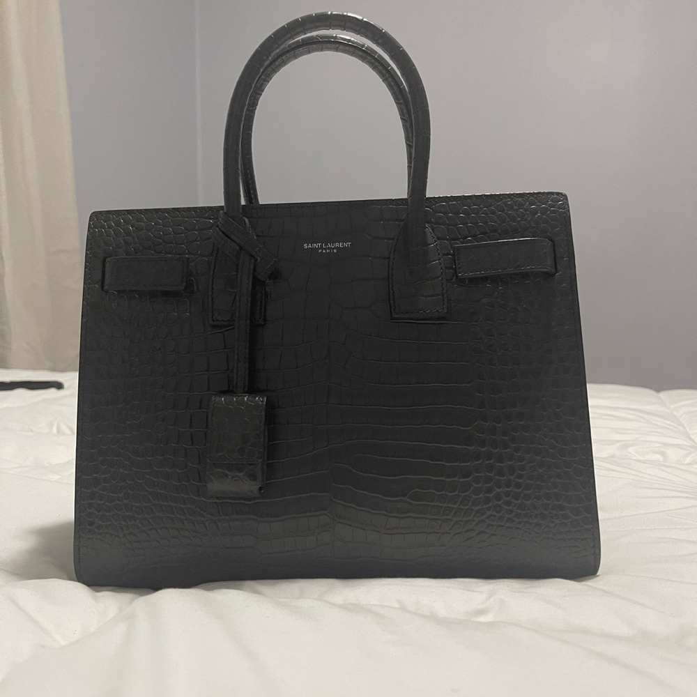 Saint Laurent Sac de Jour Nano in crocodile embossed matte grey calfskin leather